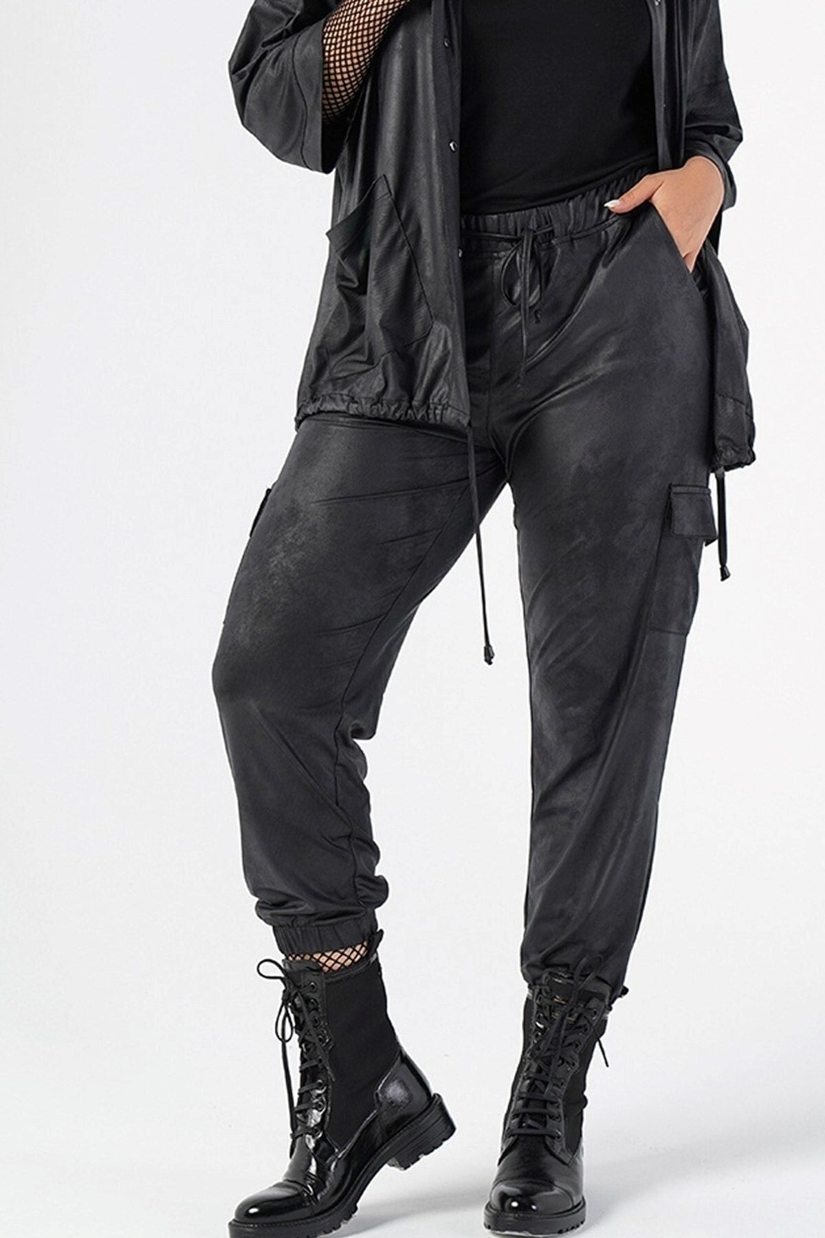 Plus Size Leather Pants With Rubber Detail Pockets 220450063