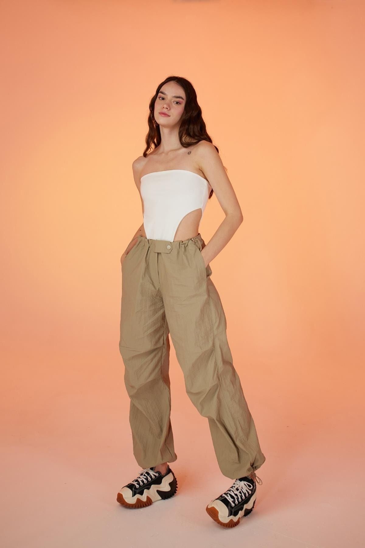 Parachute Pants With Adjustable Waist And Leg Elastic Beige Halparasutpants