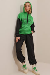 Women's Green Hooded Front Printed Inner Polar Parachute Fabric 3 Thread Tracksuit Suit Alc-x9513