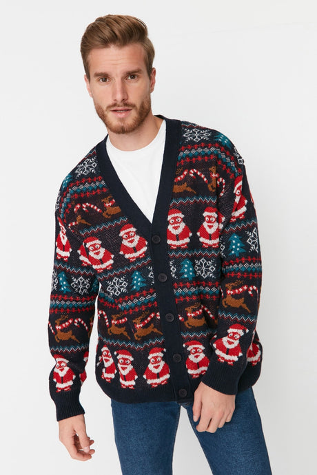 Multicolor Mens Oversize Fit Wide Pattern V Neck Santa Claus Christmas Sweater Cardigan Tmnaw23hi000