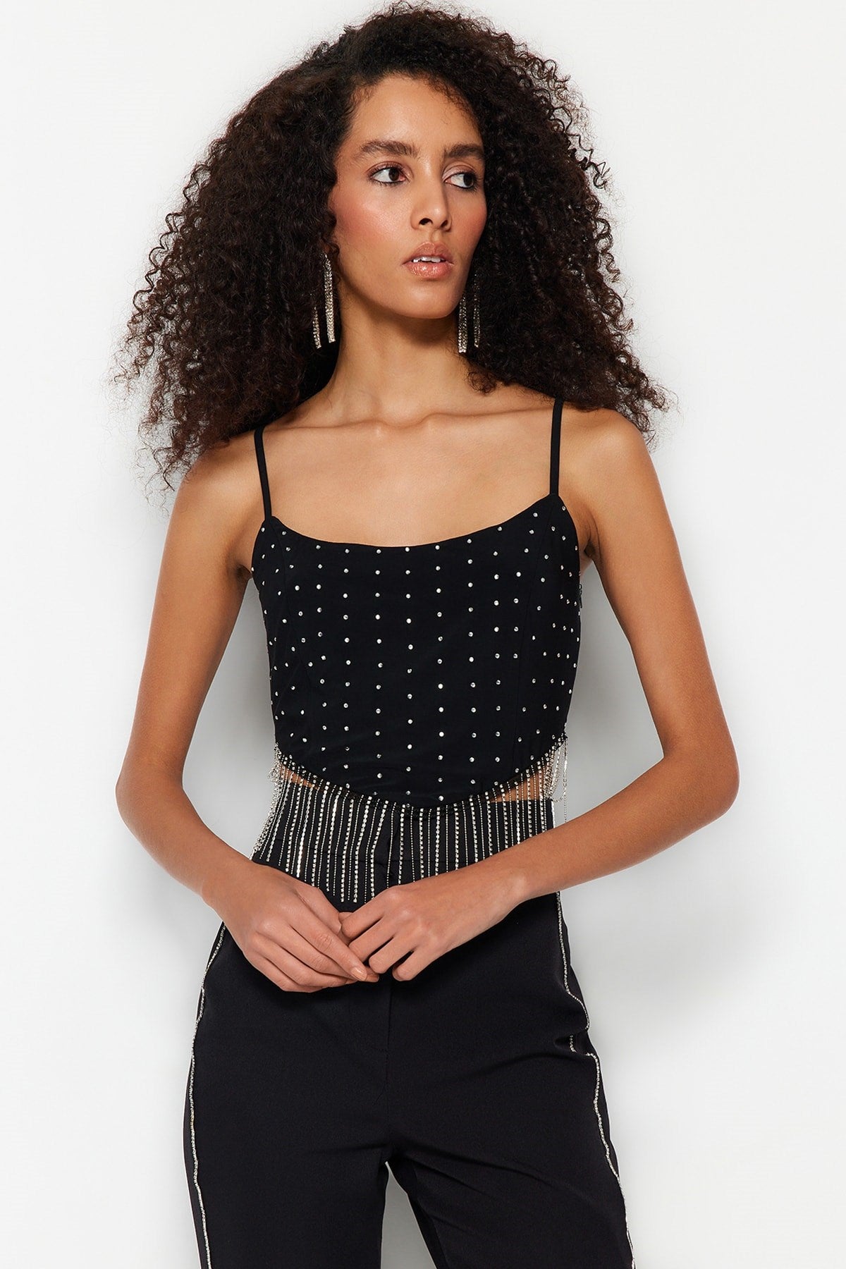 Black Crop Lined Knitted Shiny Stone Bustier Tprss23bs00109