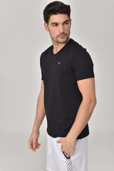 Black Men's V Neck 100% Cotton Short Sleeve Slim Fit Solid Color Casual Sports T-shirt 8898 Tb20ml07