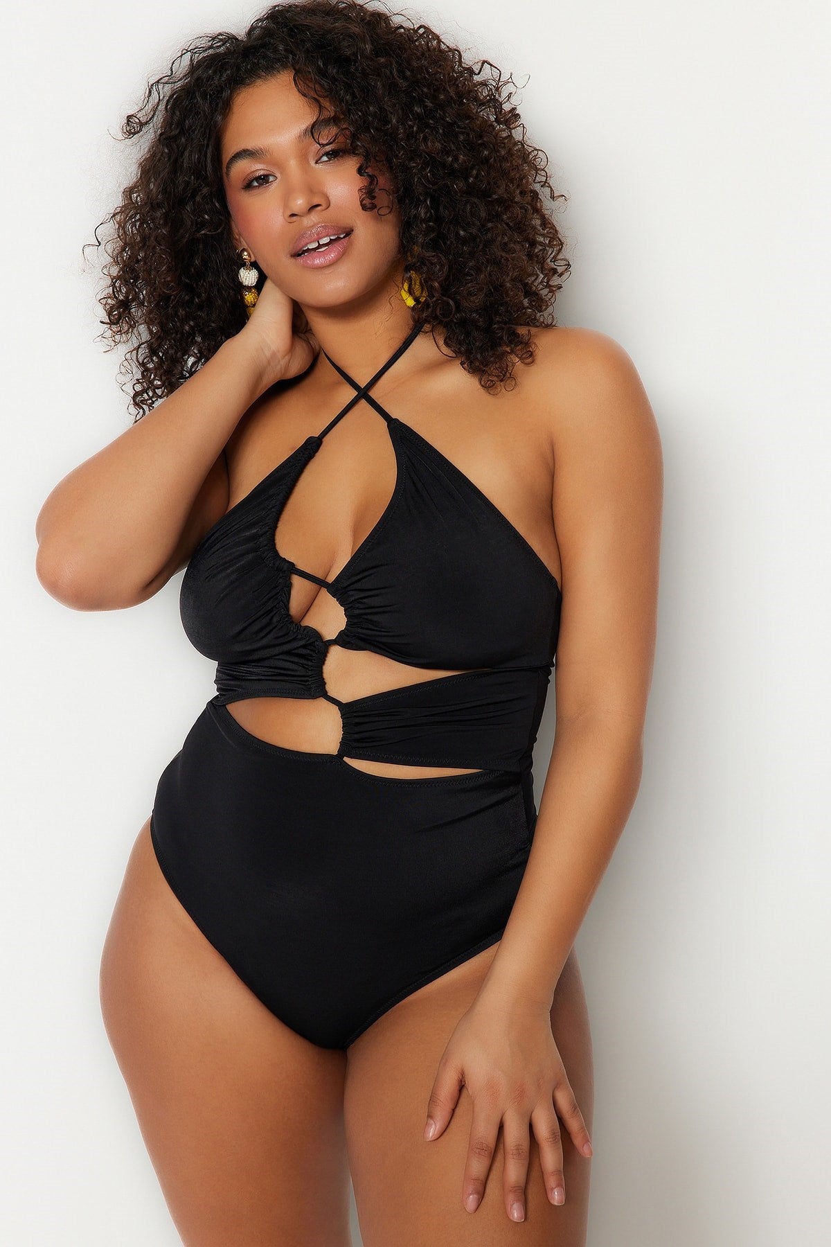 Black Cut Out Detailed Tie Up Swimsuit Tbbss23am00016