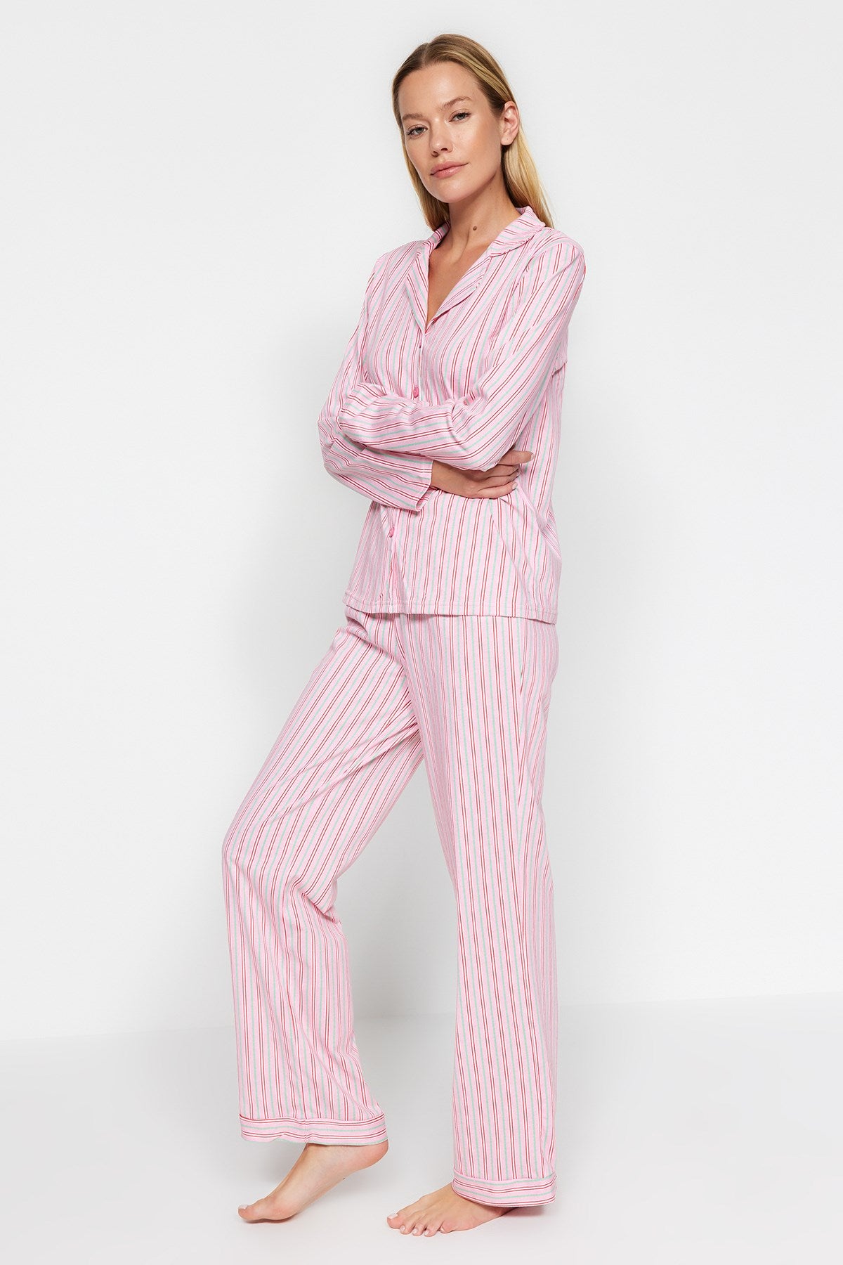 Pink 100% Cotton Striped Shirt-pants Knitted Pajama Set Thmaw24pt00144