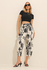 Women's Black Patterned Loose Fit Linen Pants Alc-x11343