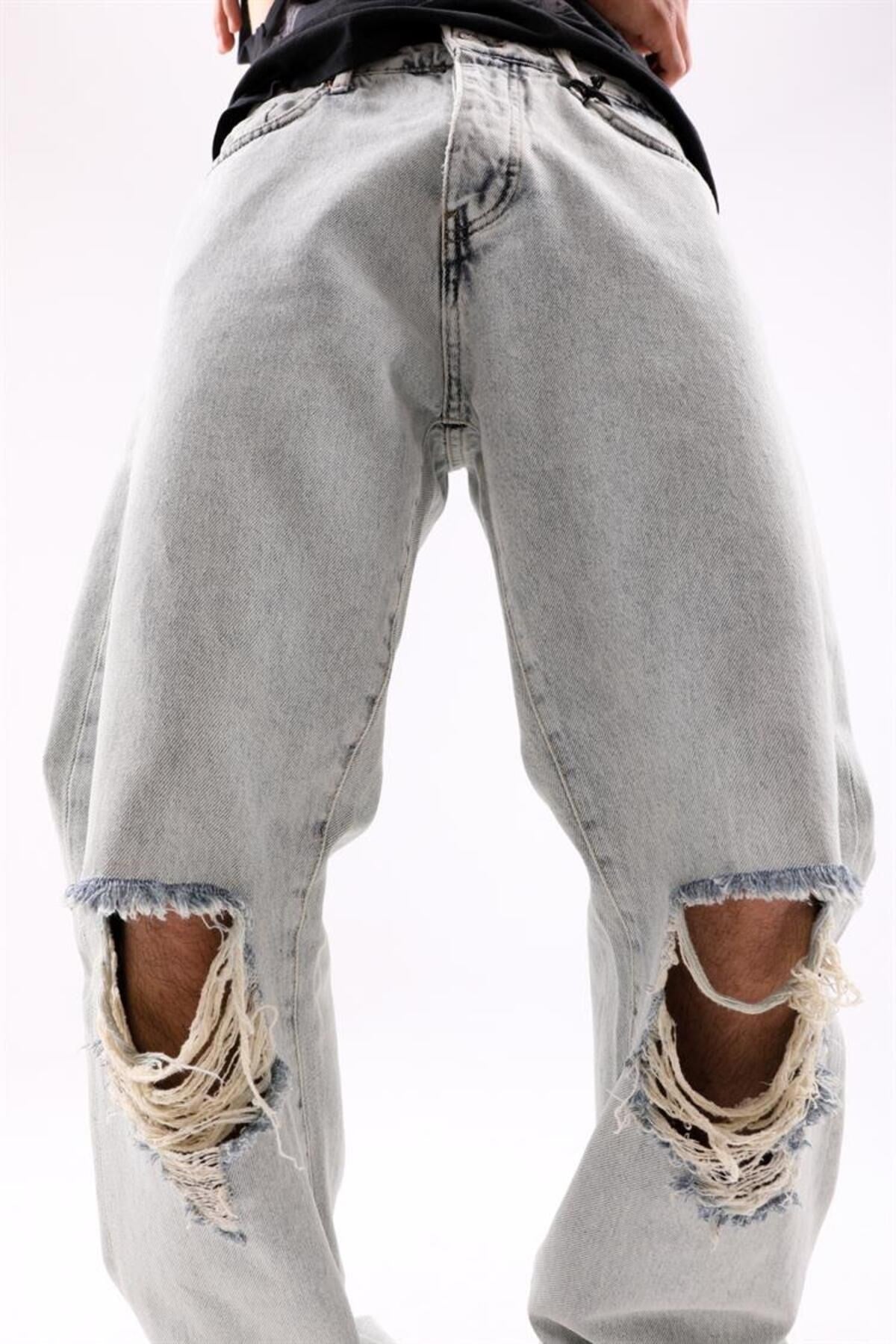 Ripped Detail Ice Blue Baggy Jean Flaw-140-002-006