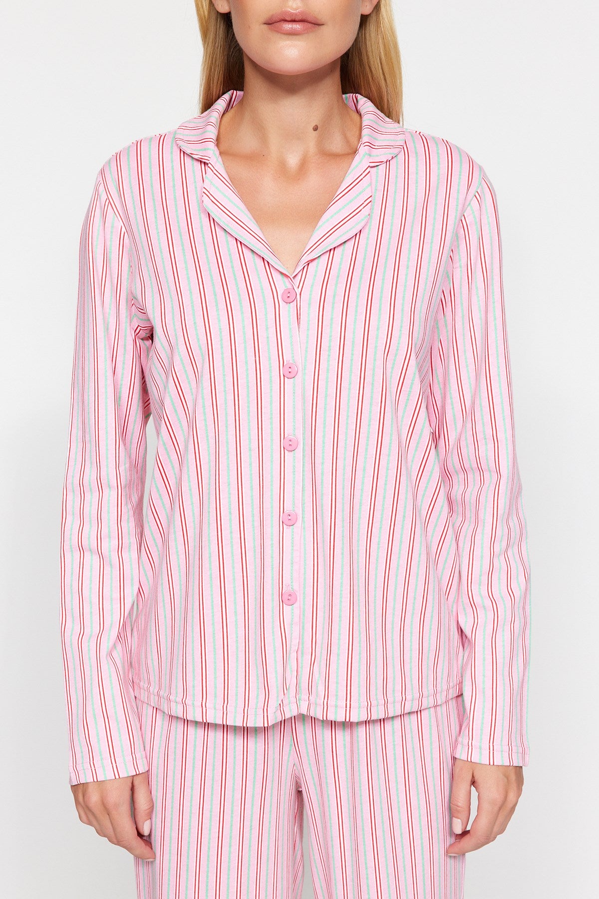 Pink 100% Cotton Striped Shirt-pants Knitted Pajama Set Thmaw24pt00144