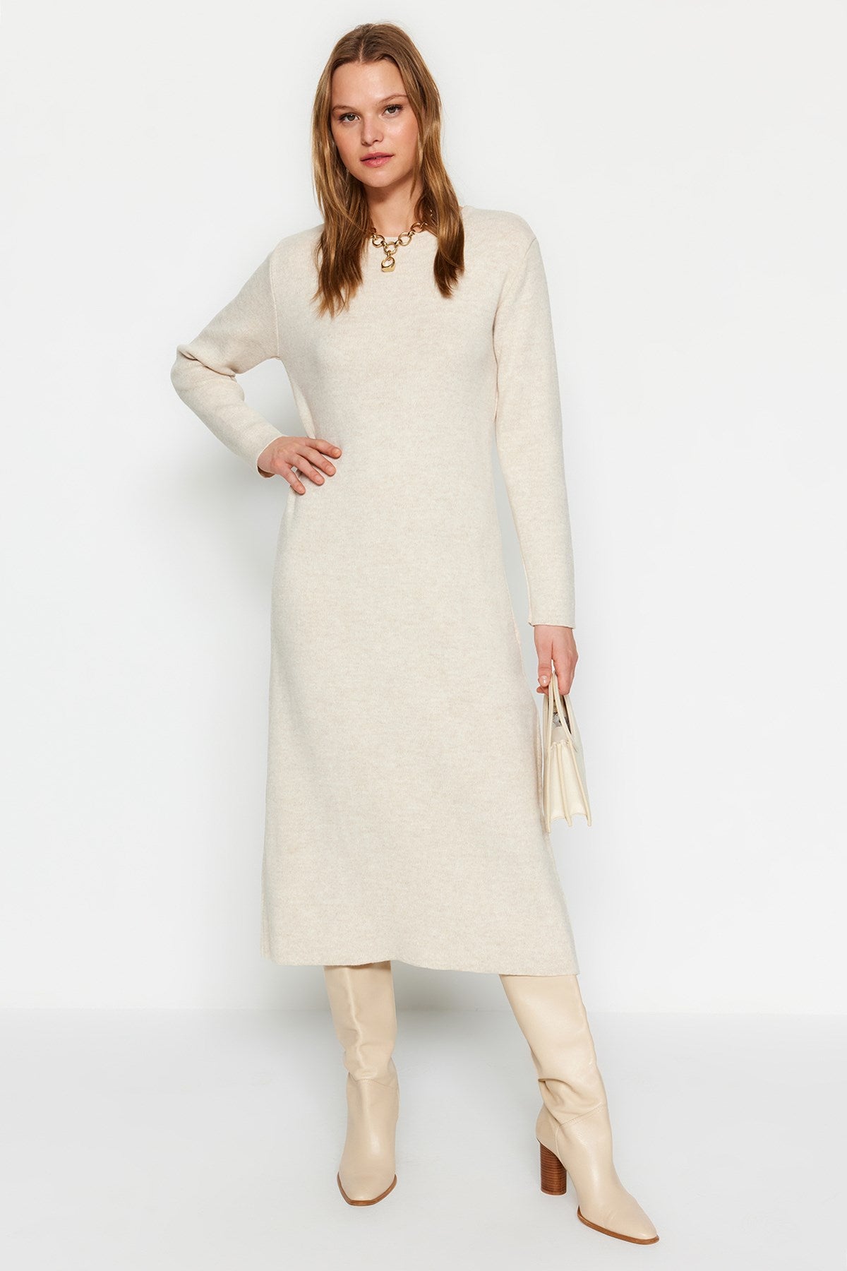 Beige Plain Knitwear Dress Tctaw24eb00131