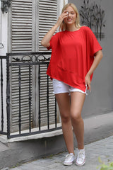 Orange Round Neck Bat Sleeve Knitted Asymmetric Blouse M10010200bl93150