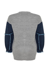 Grey Melange Sleeves Denim Detailed Knitwear Cardigan Tbbaw24av00031