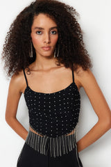 Black Crop Lined Knitted Shiny Stone Bustier Tprss23bs00109