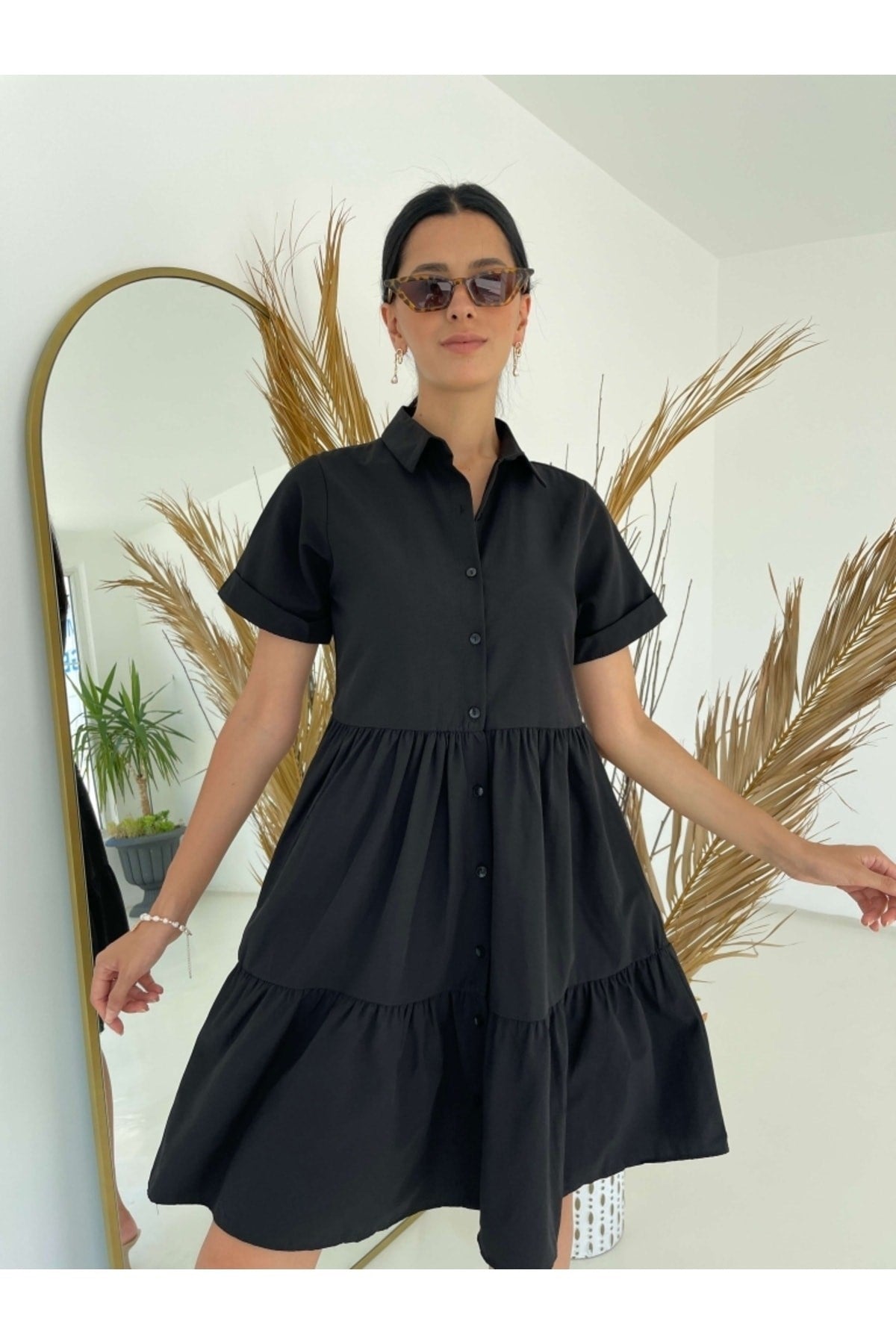 Black Short Sleeve Shirt Dress 5540