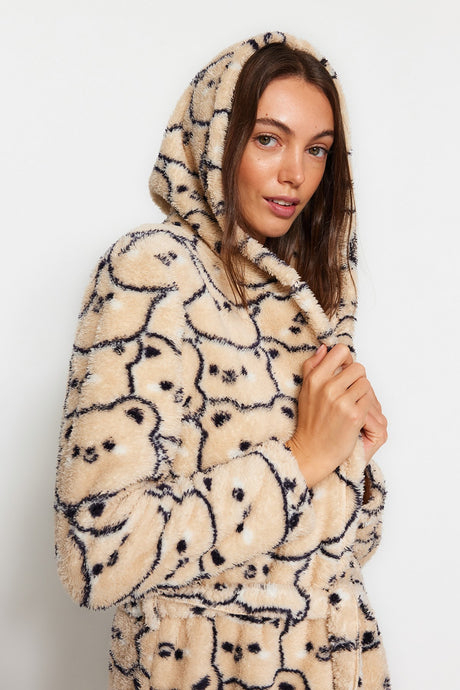 Cream Wellsoft Animal Print Hooded Knitted Dressing Gown Thmaw24sb00025