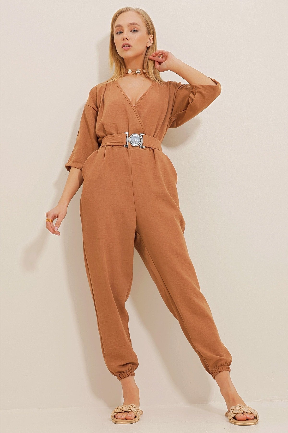 Women's Taba Double-breasted Collar Waist Belted Linen Jumpsuit Alc-x10443