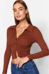 Brown Fitted/body Fitting Crop Polo Collar Ribbed Cotton Stretch Knit Blouse Twoaw23bz00130