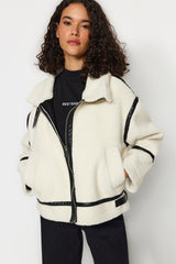 White Plush Faux Leather Detailed Coat Twoaw24kb00215