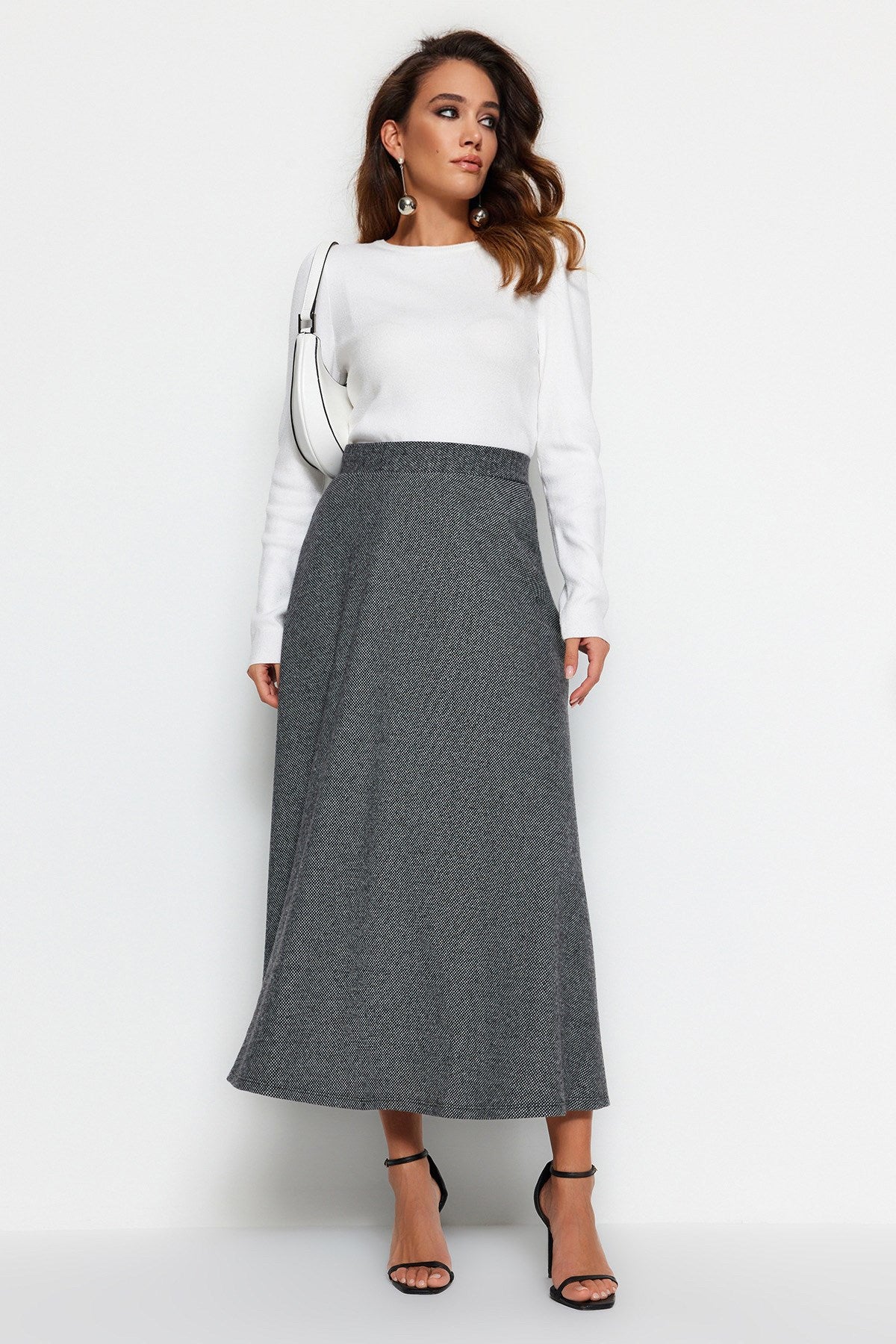 Grey High Waist Button Closure A-line Knitted Skirt Tctaw23ee00052