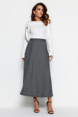 Grey High Waist Button Closure A-line Knitted Skirt Tctaw23ee00052