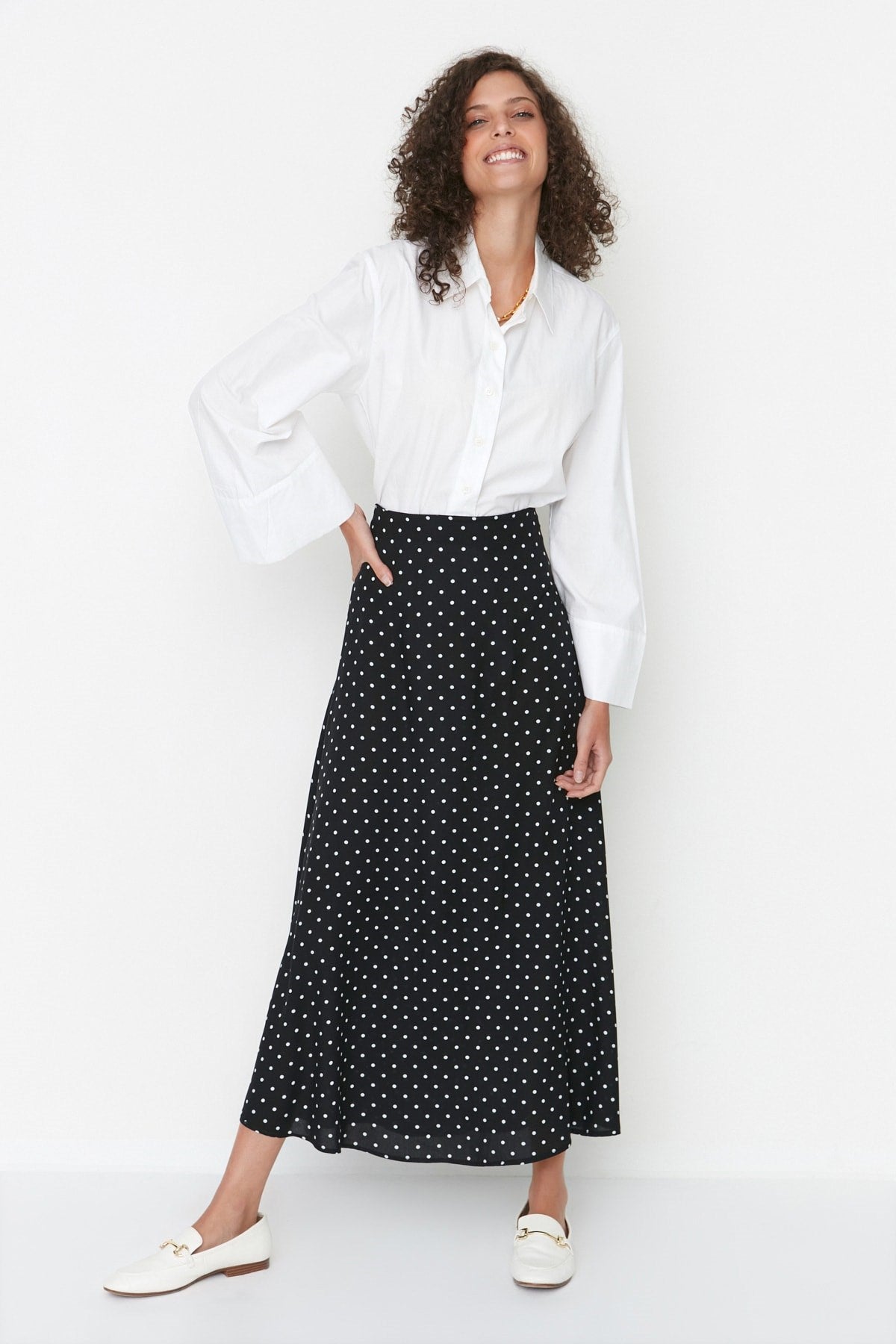 Black Polka Dot Pattern Bell Woven Skirt Tctss22ee0006