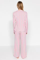 Pink 100% Cotton Striped Shirt-pants Knitted Pajama Set Thmaw24pt00144