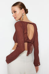 Brown Glitter Back Detailed Blouse Tpraw24bz00004