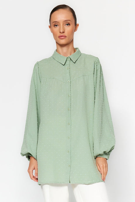 Green Cutting Fabric Balloon Sleeve Woven Shirt Tctaw24tg00030