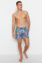 Navy Blue Men's Standard Size Floral Patterned Swimsuit Marine Shorts Tmnss23ds00023