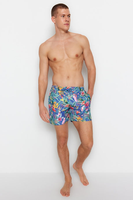 Navy Blue Men's Standard Size Floral Patterned Swimsuit Marine Shorts Tmnss23ds00023