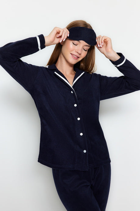 Navy Blue Biye Detailed Sleeping Band Thick Knit Pajama Set Thmaw22pt0357