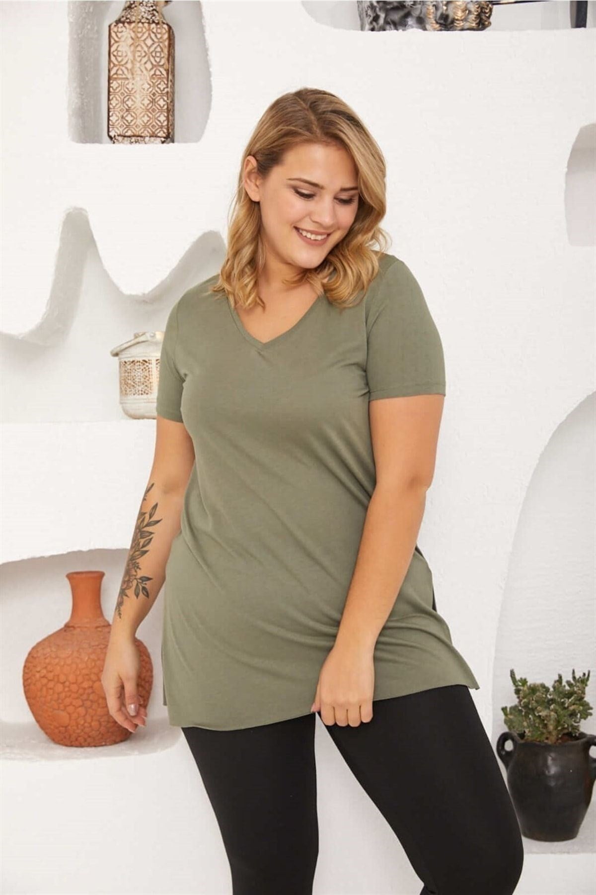 V-neck Slit Basic Tshirt-khaki Sea-ts2105