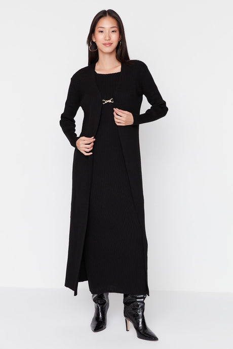 Black Ribbed Dress-cardigan Knitwear Suit Tctaw23us00118