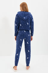 Navy Blue Hooded Galaxy Pattern Fleece Knitted Sleepwear Set Thmaw22pt0365