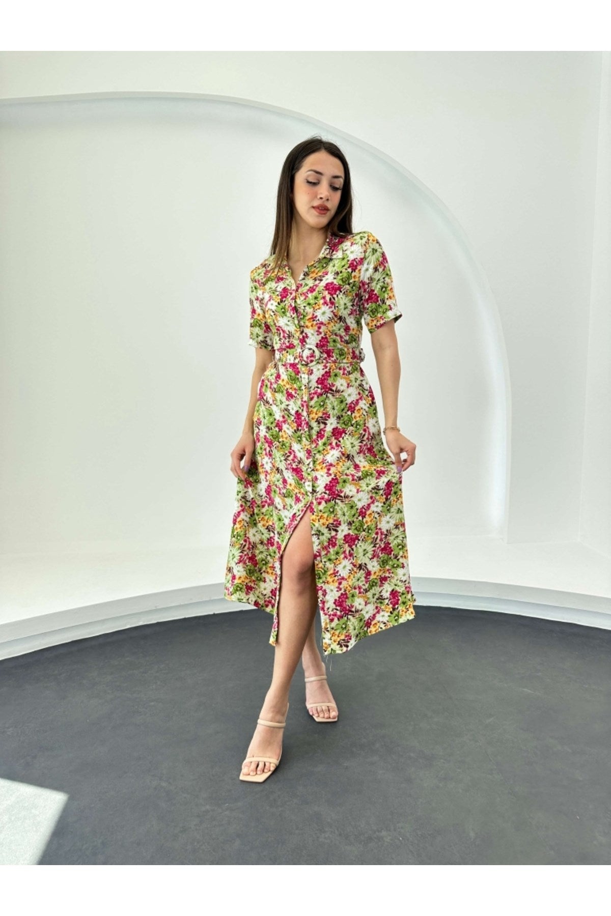 Green Spring Floral Belted Dress 3008