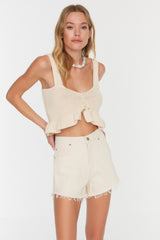 Beige Mini Denim Tassel 100% Cotton Shorts & Bermuda Tbess22sr0395