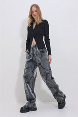 Women's Black Waist Elastic Batik Pattern Metallic Palazzo Pants Alc-x11409