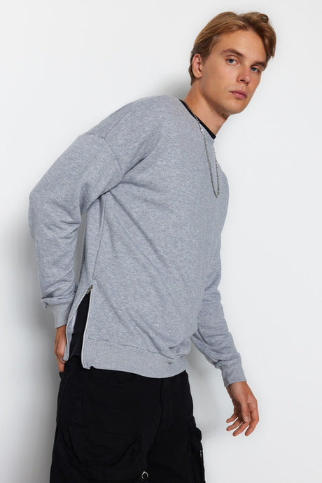 Gray Men's Regular/regular Fit Long Sleeve Crew Neck Zipper Sweatshirt Tmnaw21sw0228