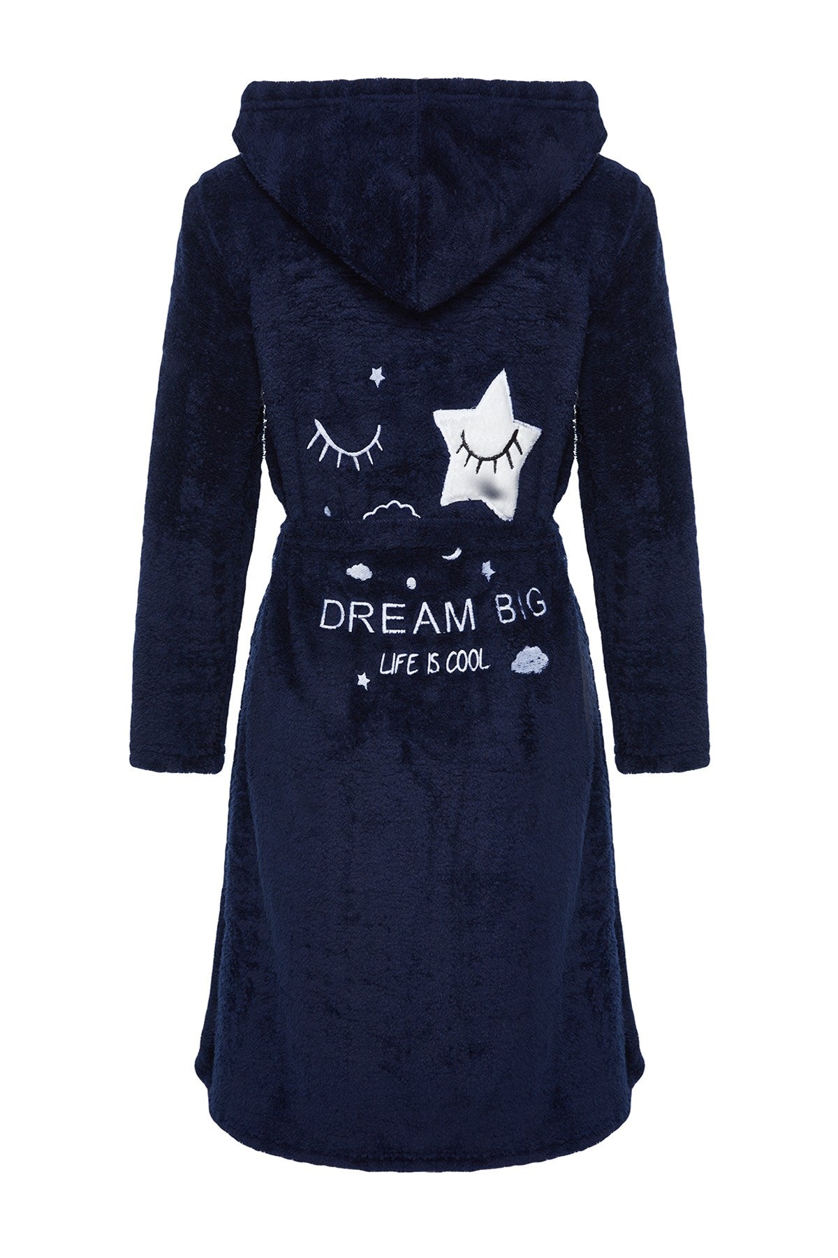 Navy Blue Wellsoft Back Detailed Hooded Knitted Dressing Gown Thmaw24sb00024