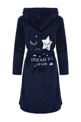 Navy Blue Wellsoft Back Detailed Hooded Knitted Dressing Gown Thmaw24sb00024