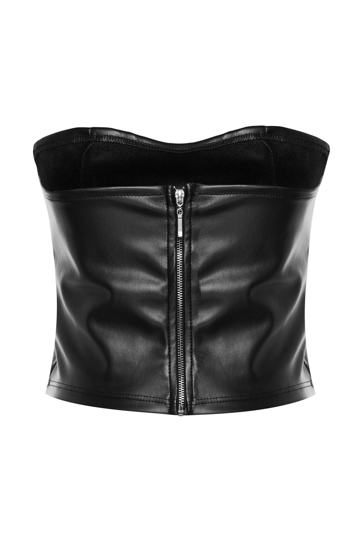 Black Faux Leather Strapless Back Zipper Crop Bustier Twoaw24bs00003