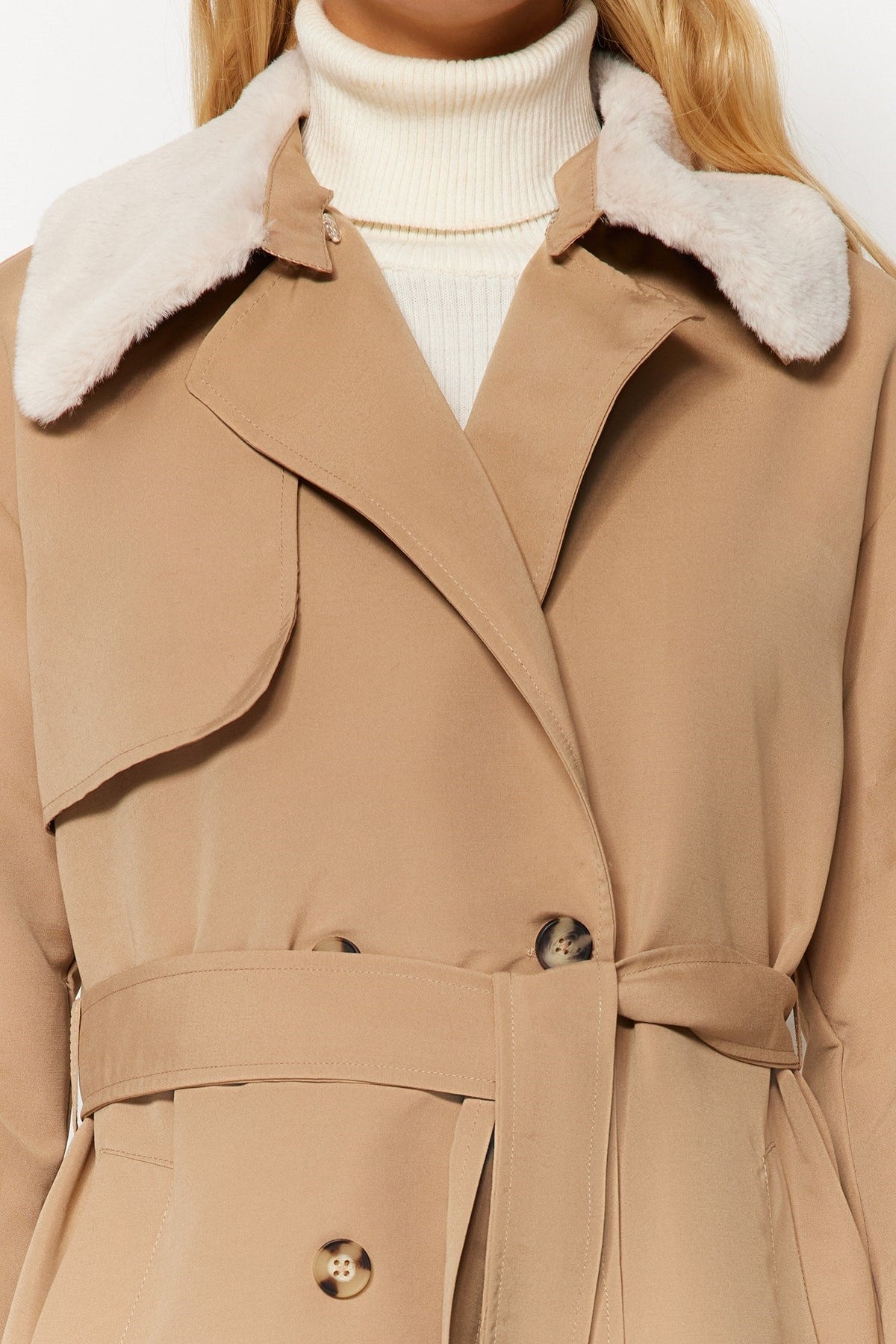 Beige Oversize Wide Cut Collar Plush Detailed Water Repellent Long Trench Coat Twoaw24tr00010