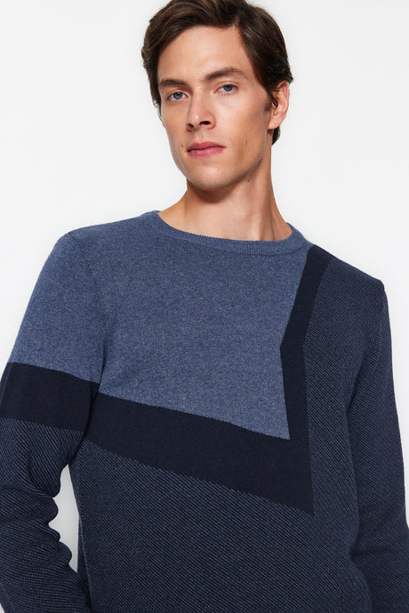 Indigo Mens Slim Fit Crew Neck Color Block Knitwear Sweater Tmnaw24kz00024