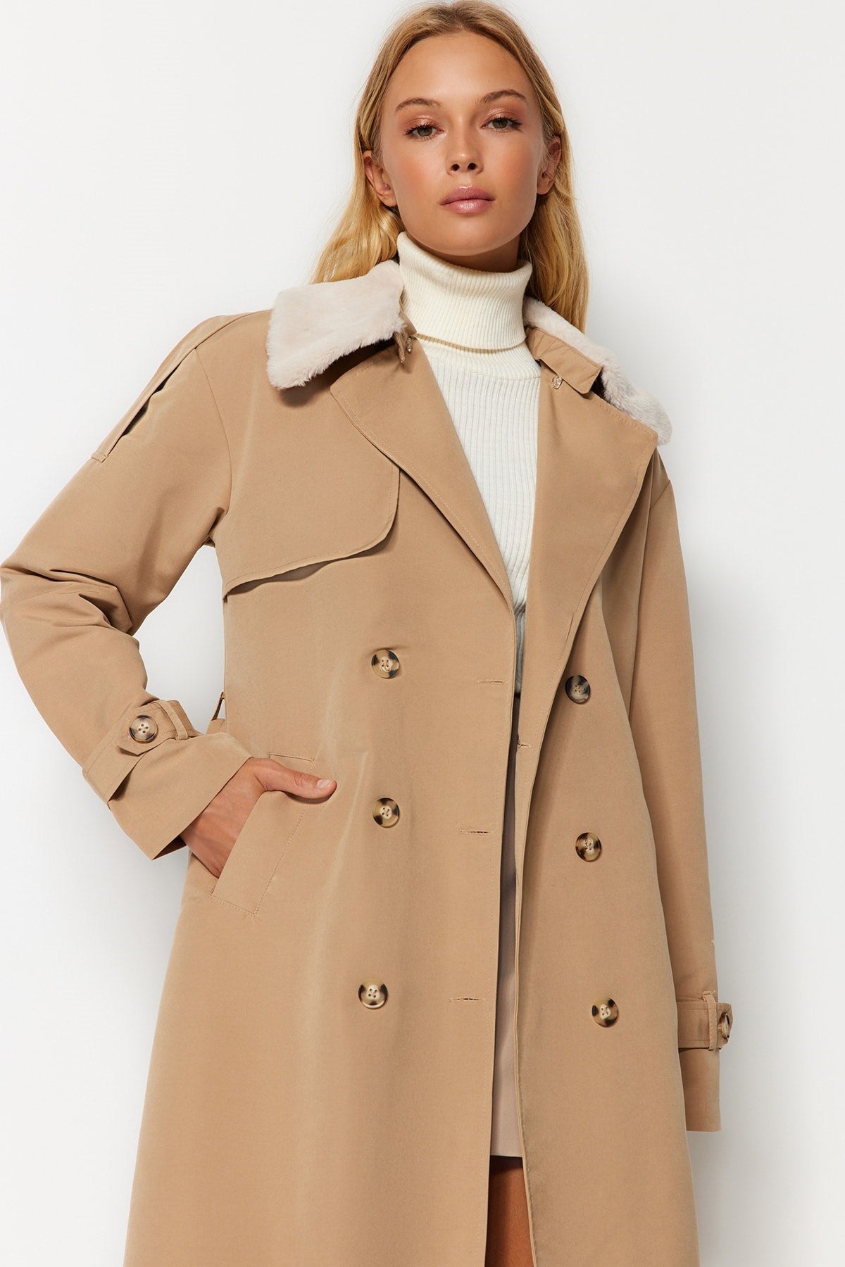 Beige Oversize Wide Cut Collar Plush Detailed Water Repellent Long Trench Coat Twoaw24tr00010