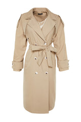 Dark Beige Belted Button Detailed Trench Coat Tctaw24cl00006