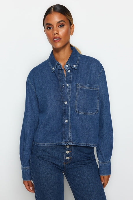 Dark Blue Crop Denim Shirt Twoaw24go00031