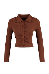 Brown Fitted/body Fitting Crop Polo Collar Ribbed Cotton Stretch Knit Blouse Twoaw23bz00130