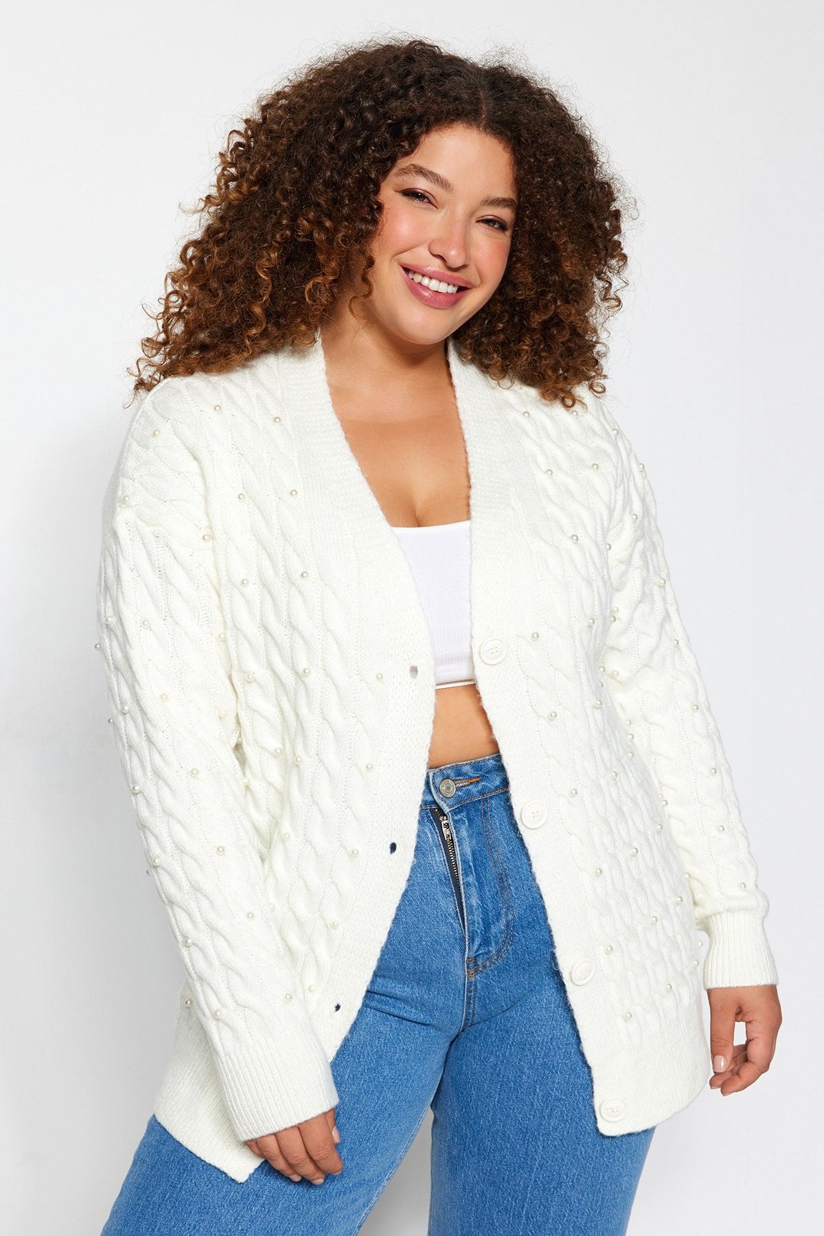 Ecru Stone Detailed Knitwear Cardigan Tbbaw24av00030