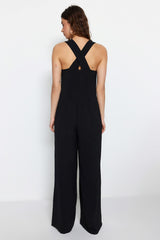 Black Woven V Neck Accessory Detailed Long Jumpsuit Twoss23tu00184