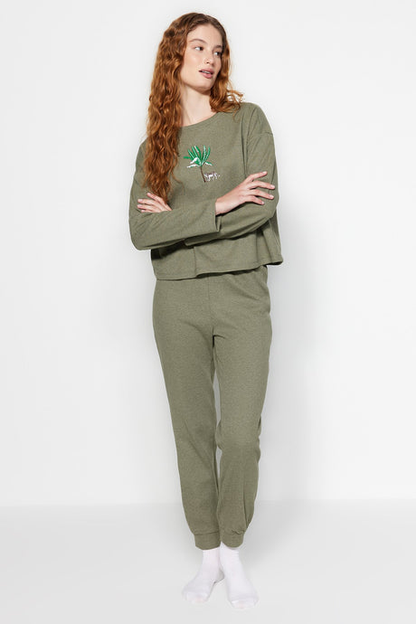 Khaki Embroidery Detailed Waffle Tshirt-jogger Knitted Sleepwear Set Thmaw24pt00131