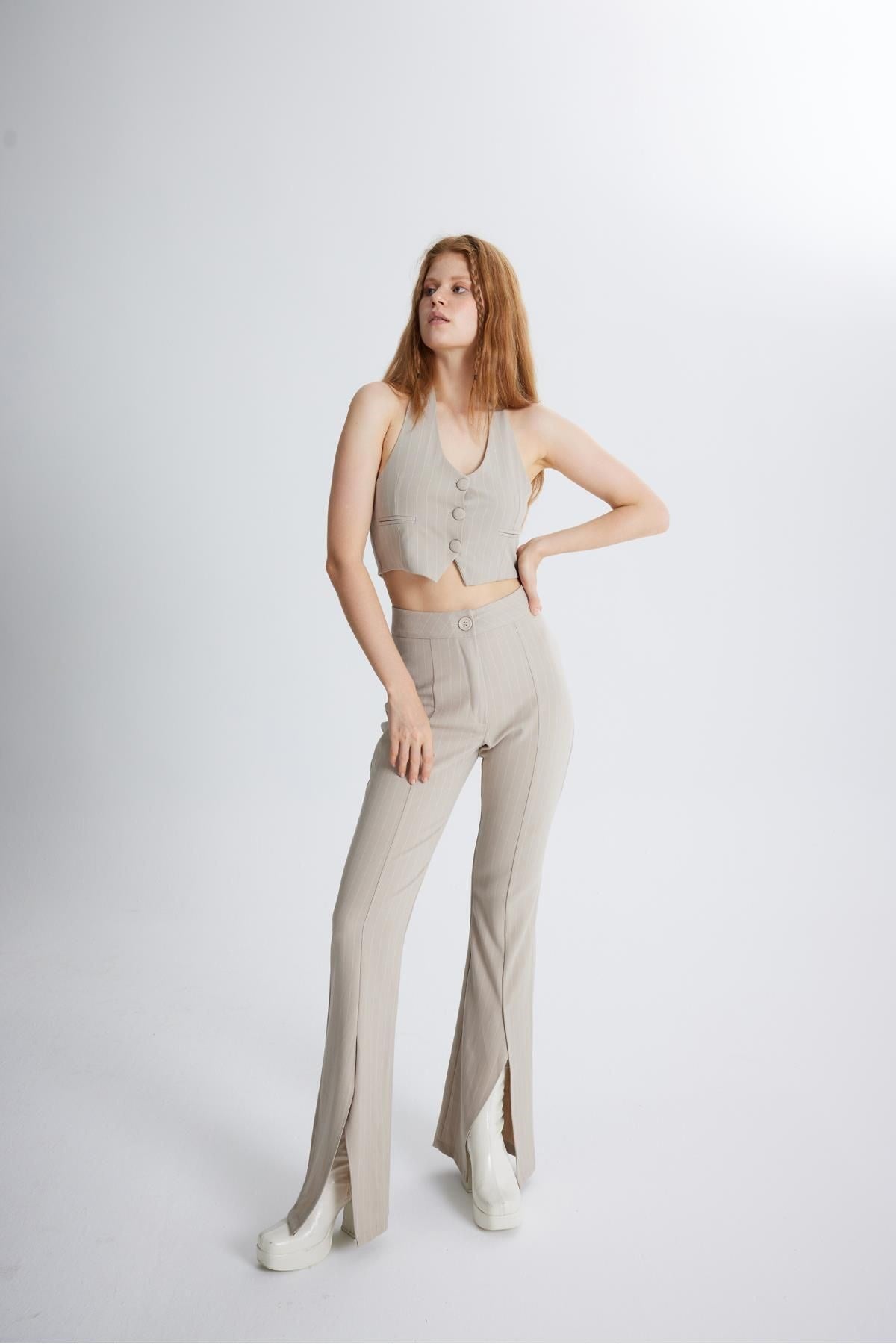 Front Slit Striped High Waist Algo Pants Beige Hlfw24-00012