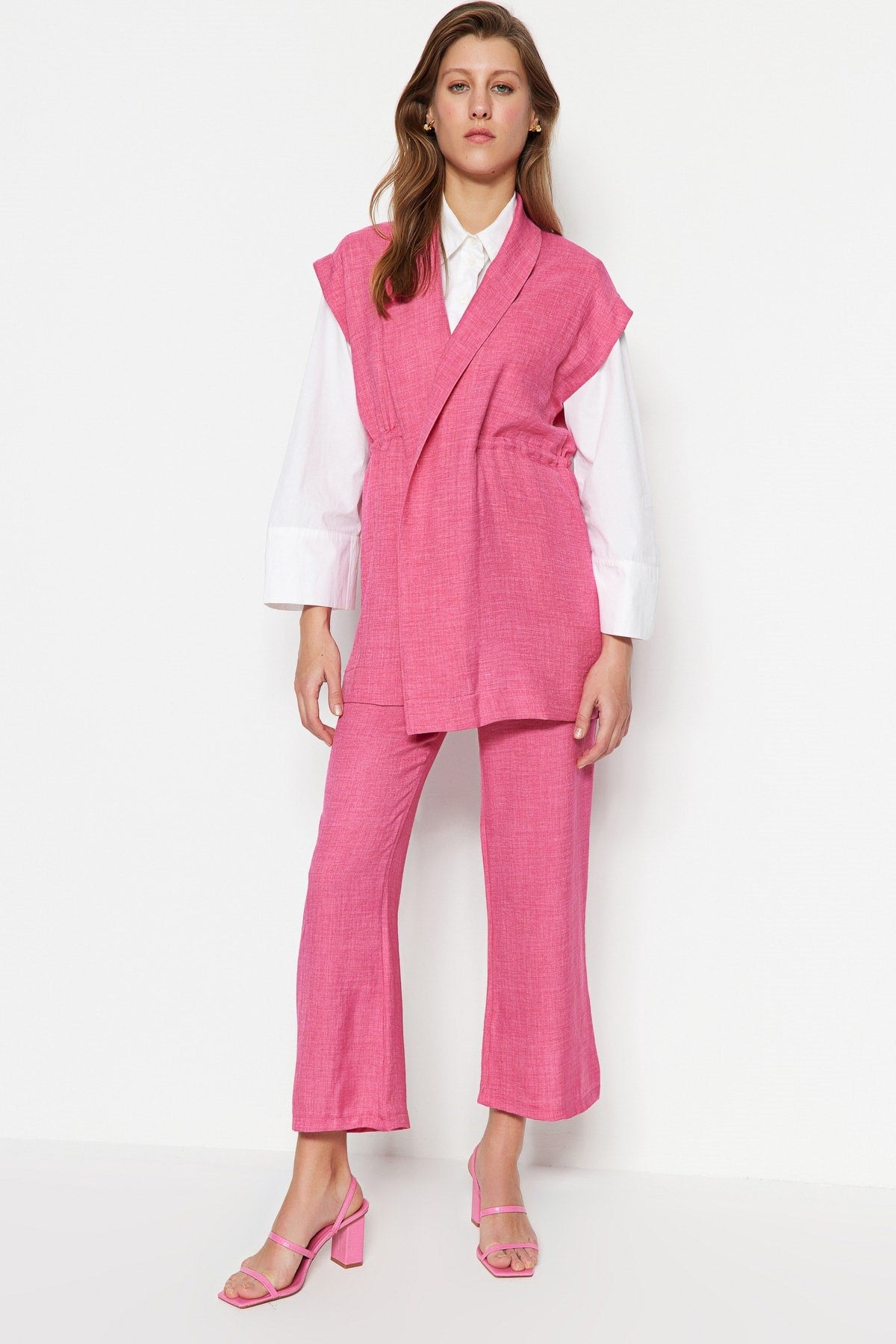 Fuchsia Tie Linen Look Kimono-pants Set Tctss23us00061